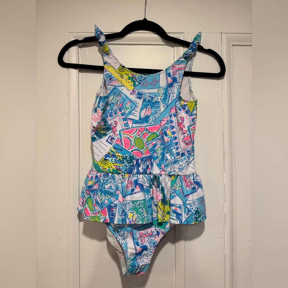 Lilly Pulitzer Blue Multicolor Postcard Print Kids One-Piece Swim